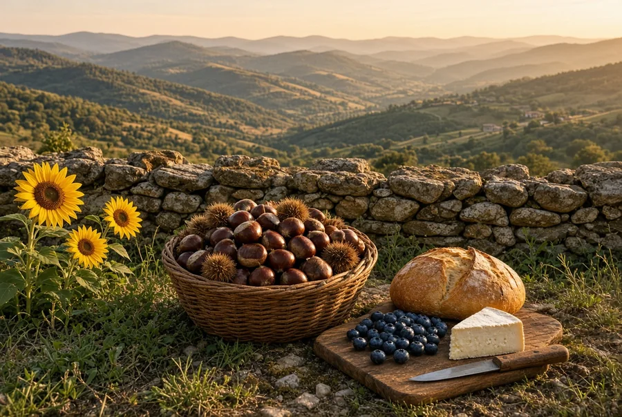 Un panier d'osier rempli de châtaignes, du pain, des myrtilles et un fromage posés devant un mur de pierre sèche, au-dessus des collines d'Ardèche dans la lumière du couchant.